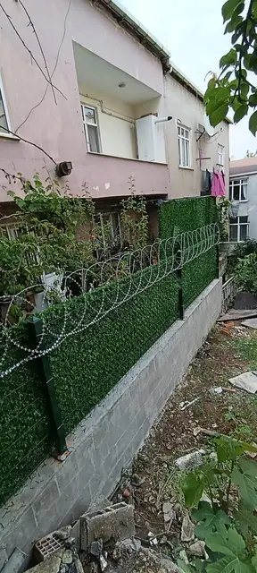 Bina yanında jiletli tel ile birlikte çimçit